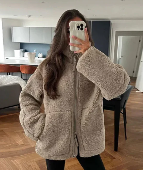 Misty Womens Teddy Zip-Up Jacket with High Neck in Bronze