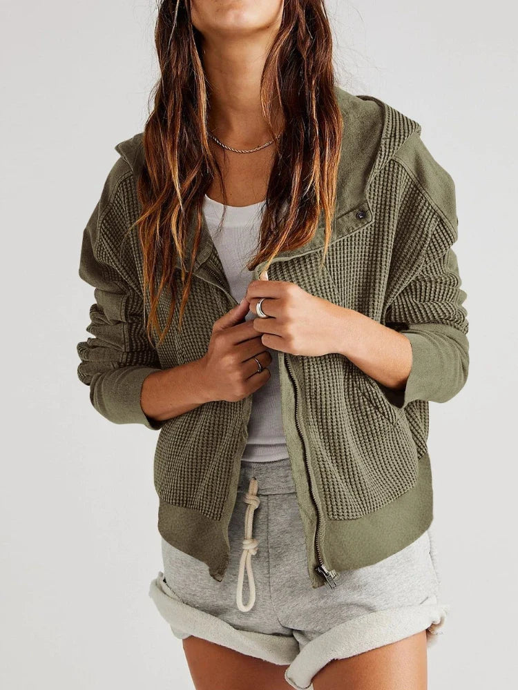 Christina Womens Cropped Zip Hoodie in Waffle Cotton