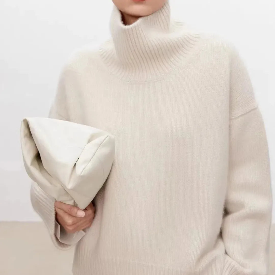 Aurelia Womens Oversized Turtleneck Sweater in Beige