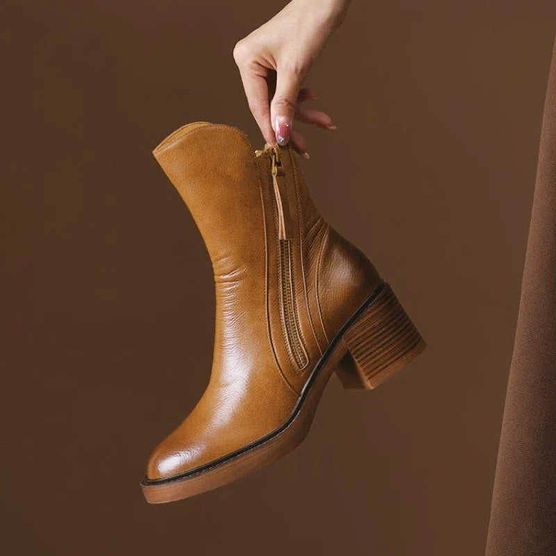 Selene Womens Leather Heeled Ankle Boots, 2 Inch Heel in Brown
