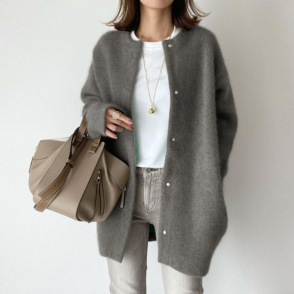 Shannon Womens Wool Cardigan with Suede Details in Gray