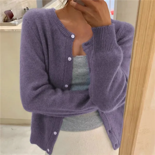 Amanda Womens Soft Knit Cardigan with Button Front in Purple