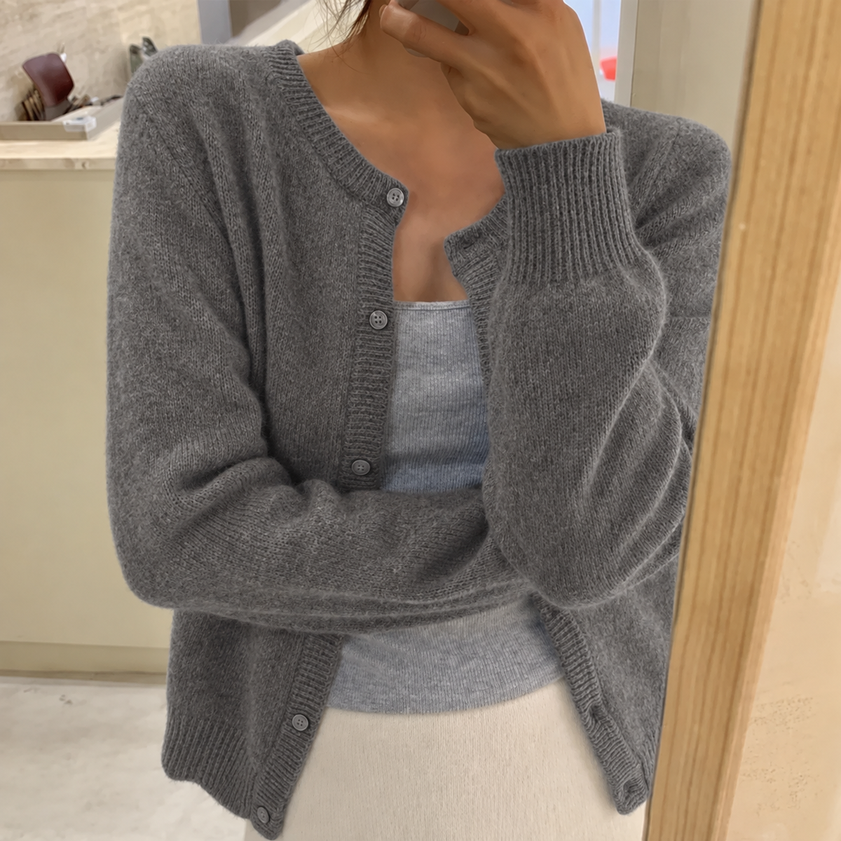 Amanda Womens Soft Knit Cardigan with Button Front in Gray