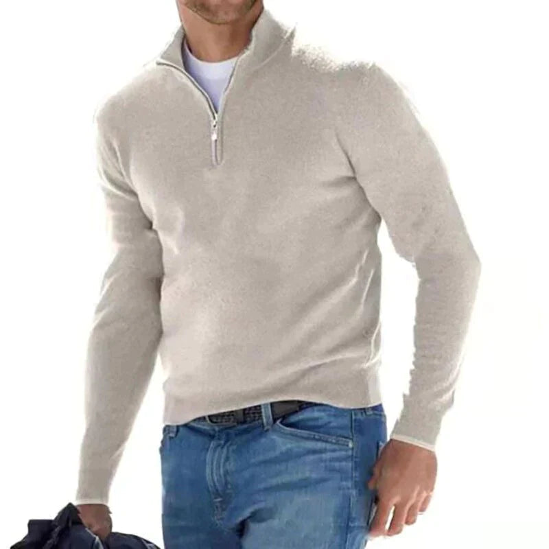 Hugo Mens Cotton Half-Zip Sweater with Stand Collar in Apricot
