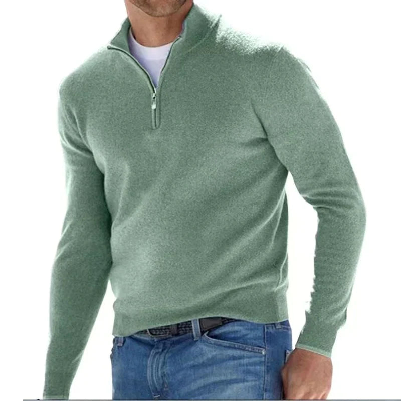 Hugo Mens Cotton Half-Zip Sweater with Stand Collar in Green