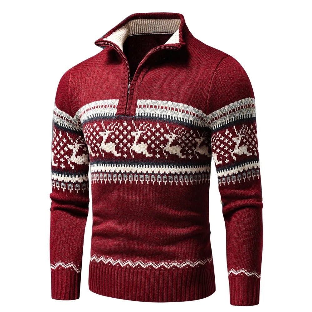 Roy Mens Half Zip Up Sweater with Winter Pattern in Red