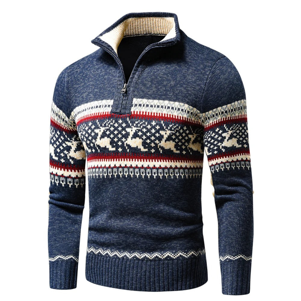 Roy Mens Half Zip Up Sweater with Winter Pattern in Blue