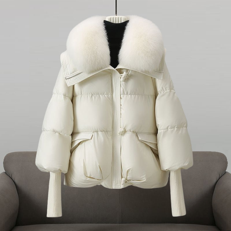 Valentina Womens Long Puffer Jacket with Fur Collar in White