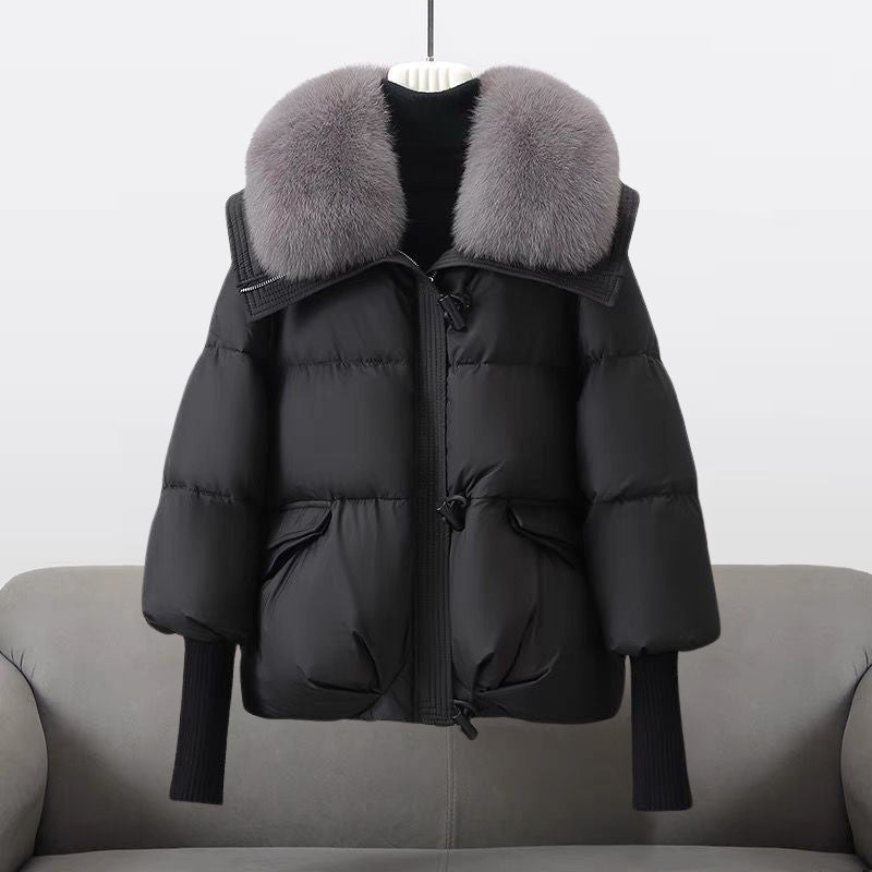 Valentina Womens Long Puffer Jacket with Fur Collar in Black