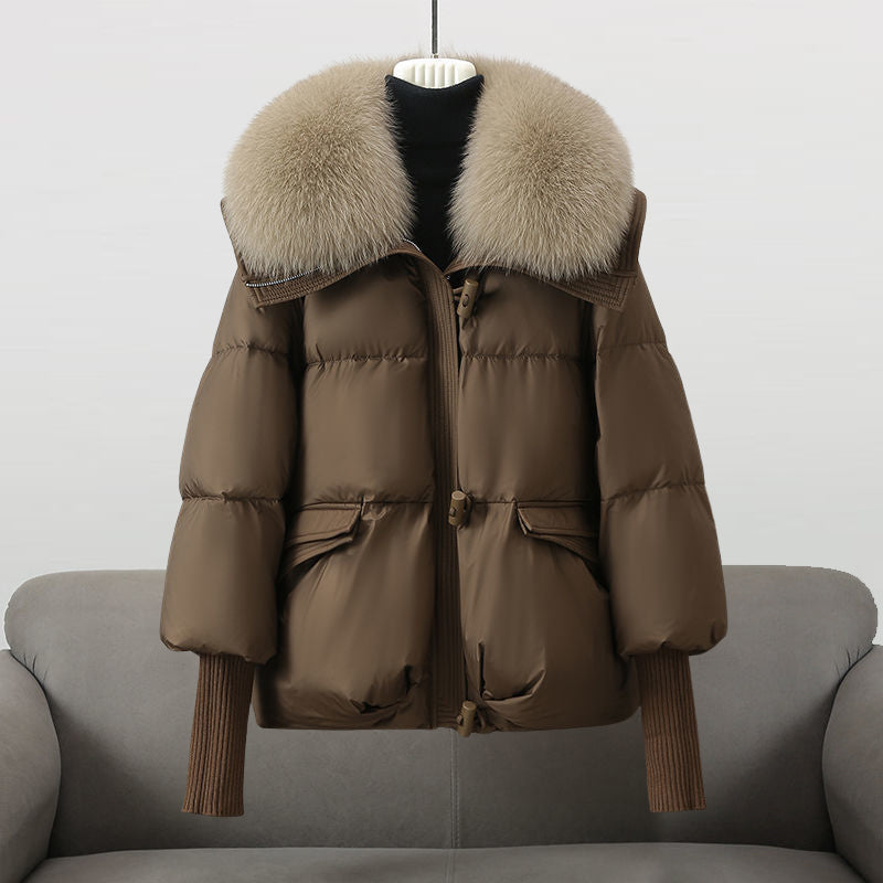 Valentina Womens Long Puffer Jacket with Fur Collar in Brown