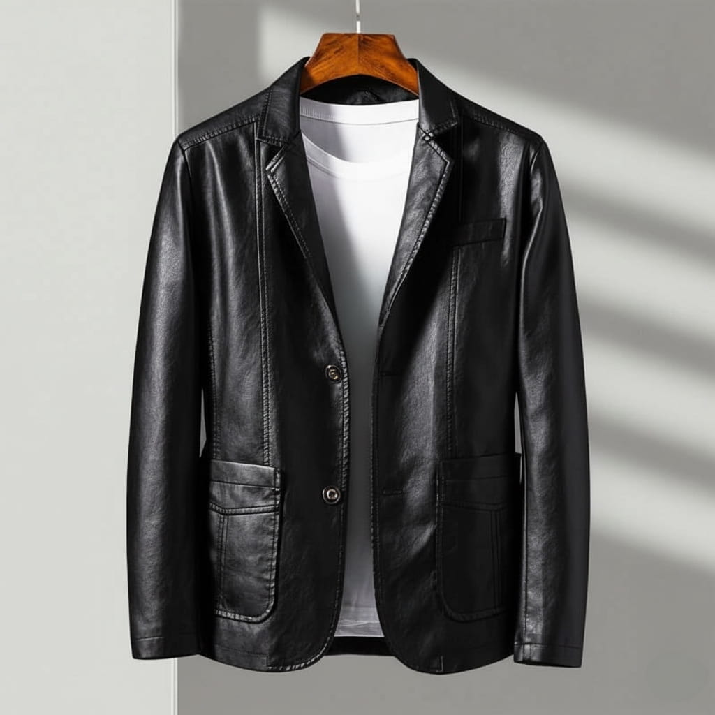 Sutton Mens Leather Blazer Jacket, Tailored Fit in Black
