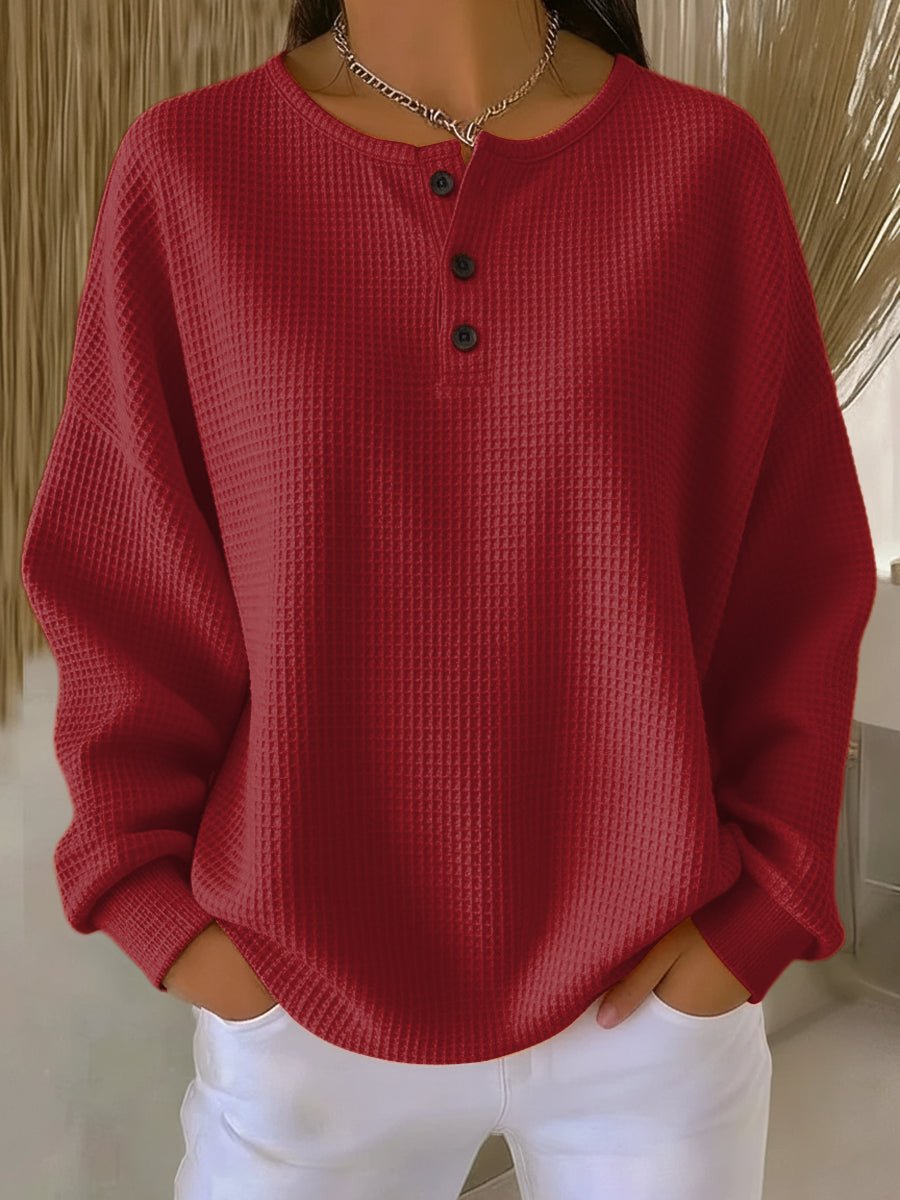 Dana Womens Waffle Knit Henley Sweatshirt in Red