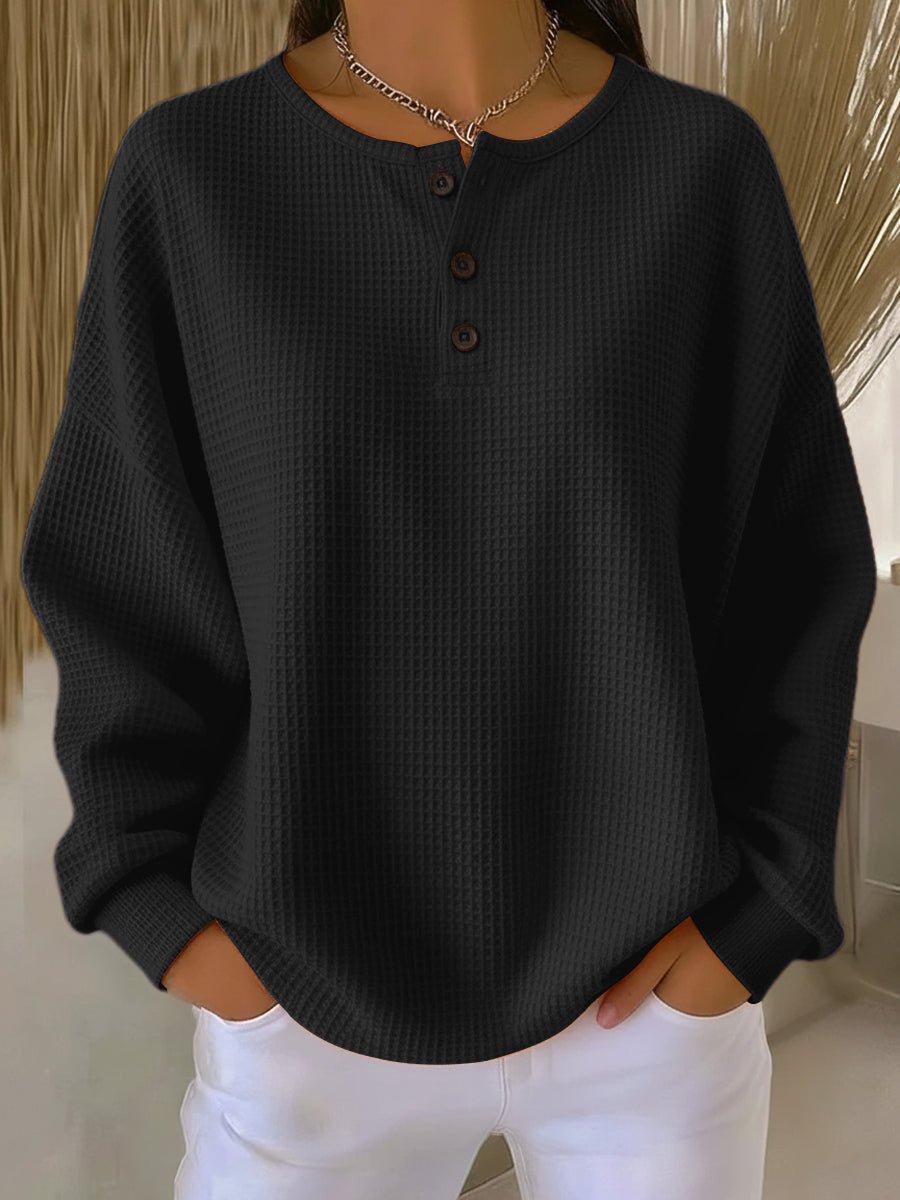 Dana Womens Waffle Knit Henley Sweatshirt in Black