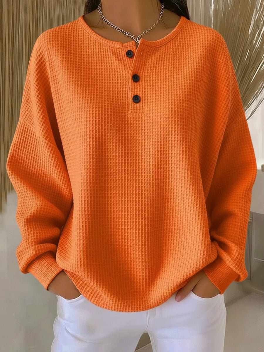 Dana Womens Waffle Knit Henley Sweatshirt in Orange