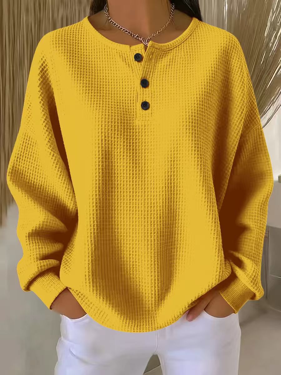 Dana Womens Waffle Knit Henley Sweatshirt in Yellow