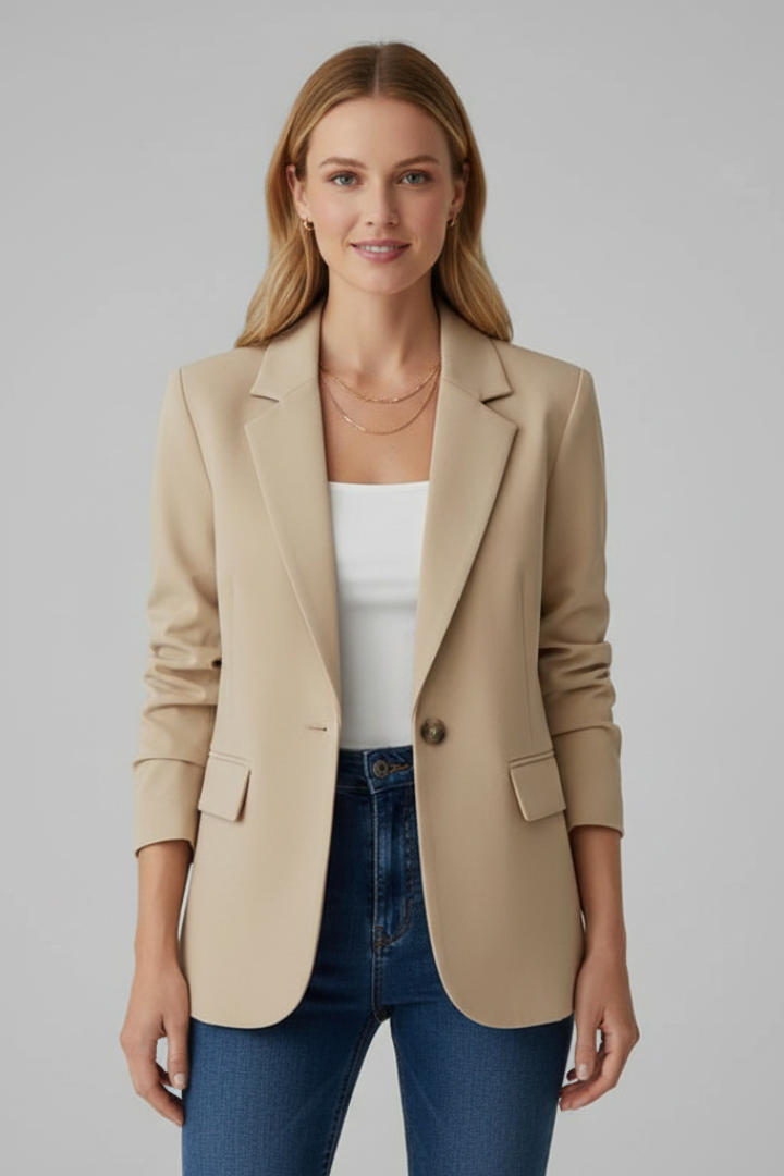 Brooke Womens Single Button Blazer with Notched Lapel in Beige