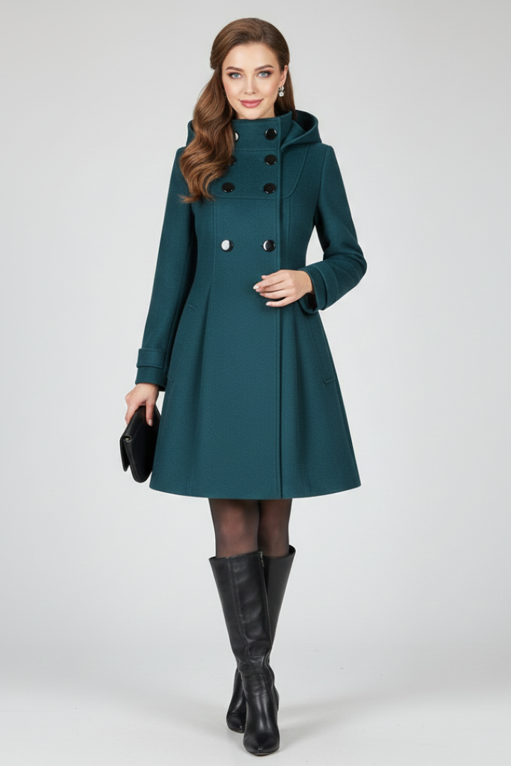 Krista Womens Hooded Coat with Double Button Front in Green