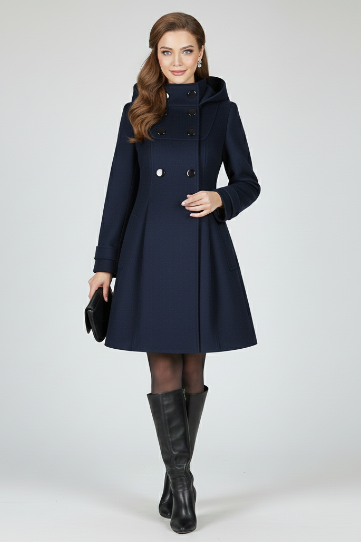 Krista Womens Hooded Coat with Double Button Front in Navy Blue