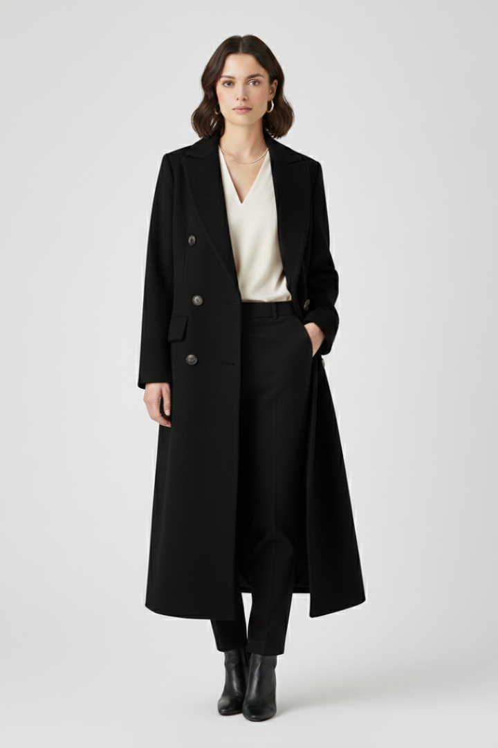 Kendra Womens Long Coat with Lapel Collar in Black