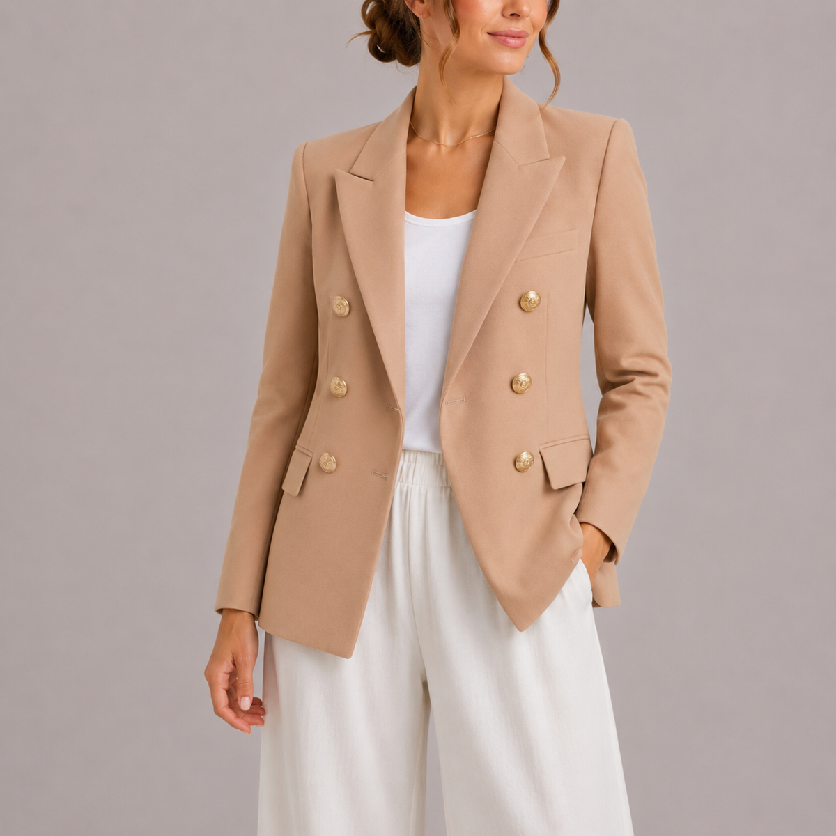Erin Womens Double-Breasted Blazer with Gold-Tone Buttons in Beige