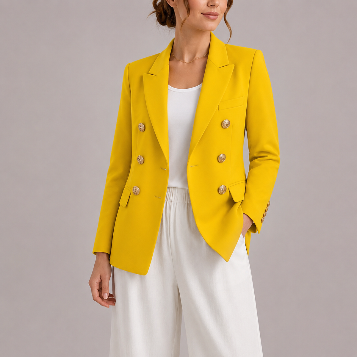Erin Womens Double-Breasted Blazer with Gold-Tone Buttons in Yellow