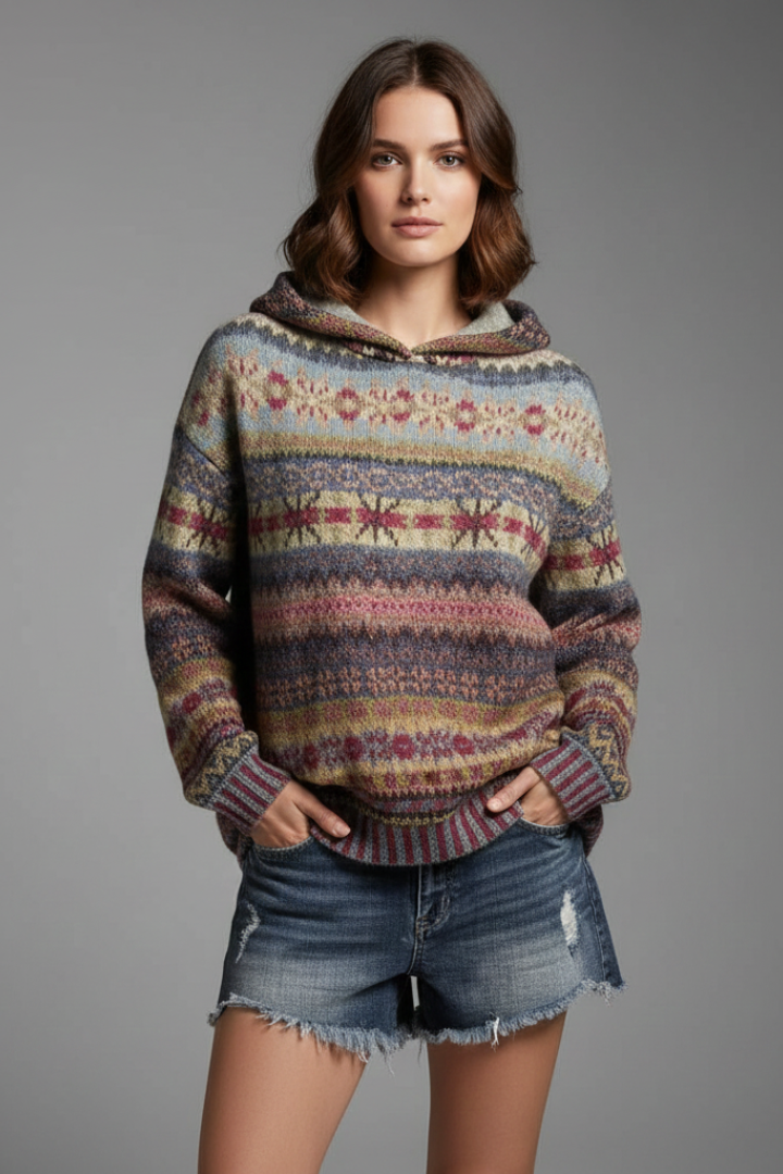 Dakota Womens Patterned Hoodie with Ribbed Cuffs in Brown