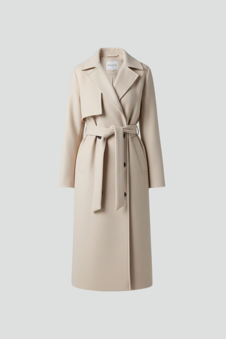 Joanna Womens Long Belted Coat with Double-Breasted Front