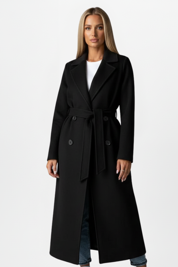 Joanna Womens Long Belted Coat with Double-Breasted Front in Black