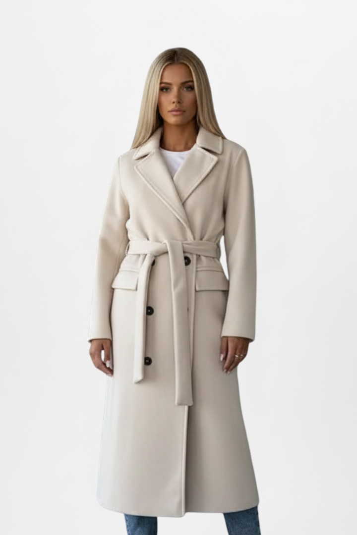 Joanna Womens Long Belted Coat with Double-Breasted Front in Cream