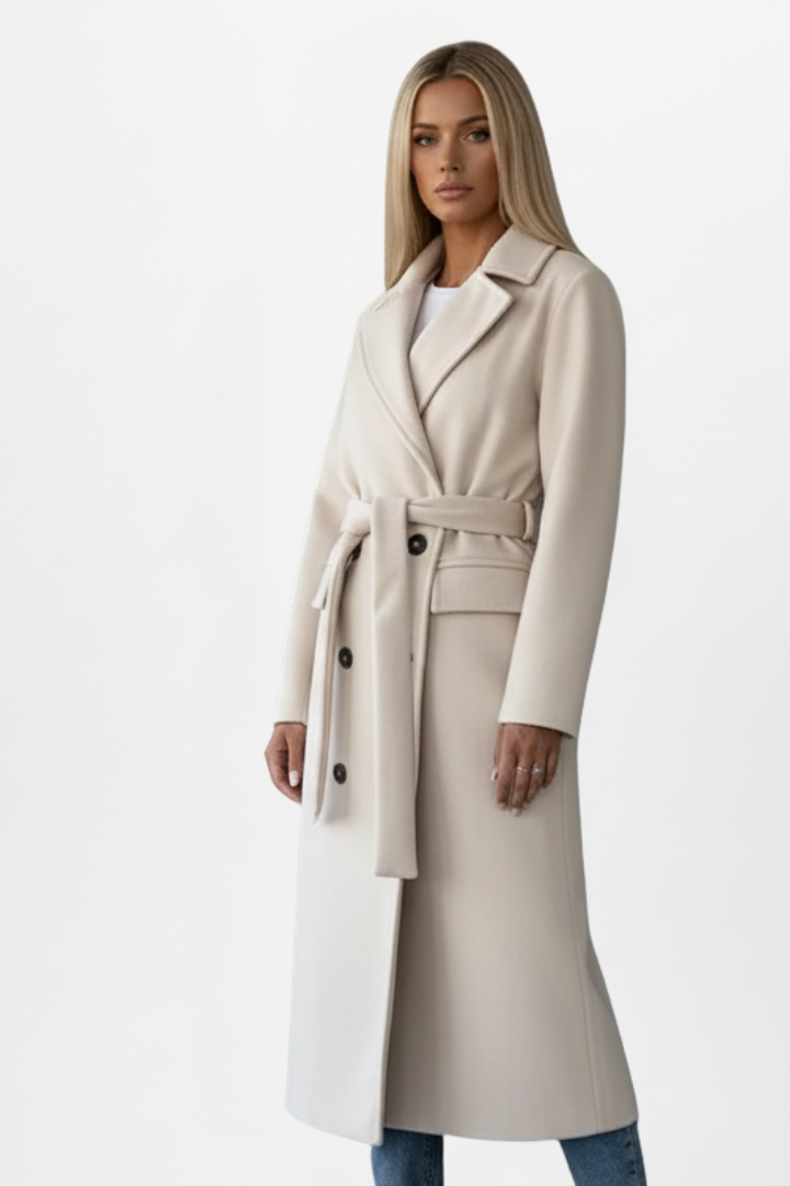 Joanna Womens Long Belted Coat with Double-Breasted Front