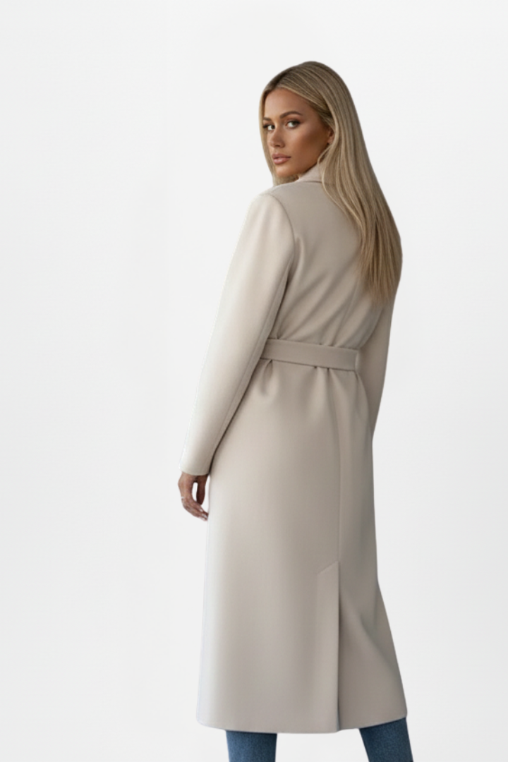 Joanna Womens Long Belted Coat with Double-Breasted Front