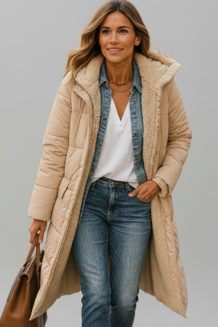 Allison Womens Long Quilted Coat with Hood in Beige