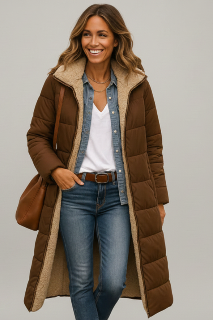 Allison Womens Long Quilted Coat with Hood in Brown