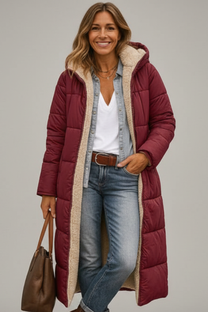 Allison Womens Long Quilted Coat with Hood in Burgundy