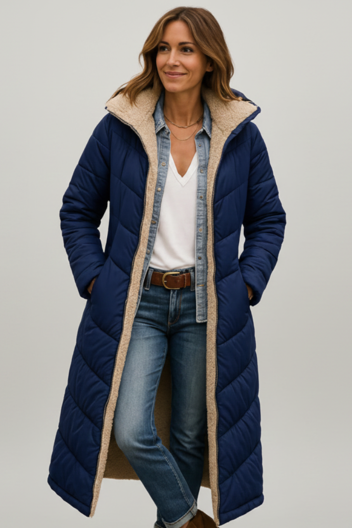 Allison Womens Long Quilted Coat with Hood in Navy Blue