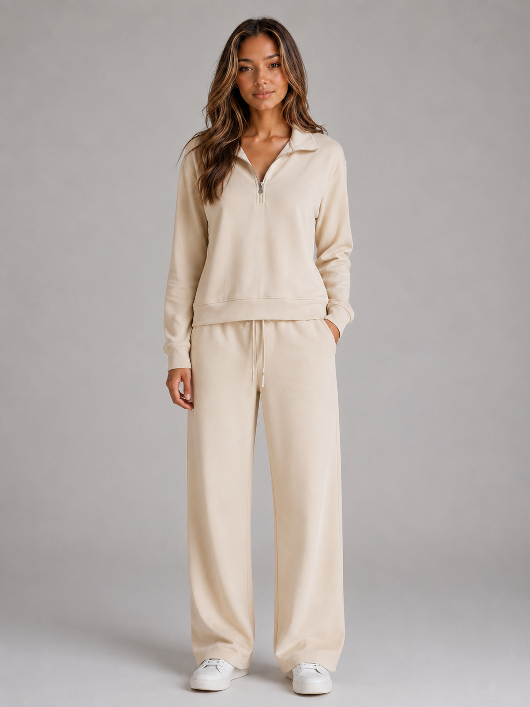 Caroline Womens Half Zip Lounge Set, Two Piece in Cream