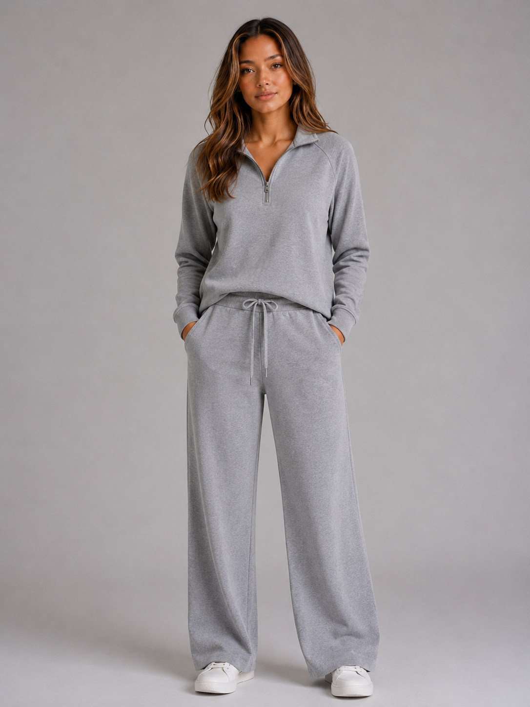 Caroline Womens Half Zip Lounge Set, Two Piece in Light Gray