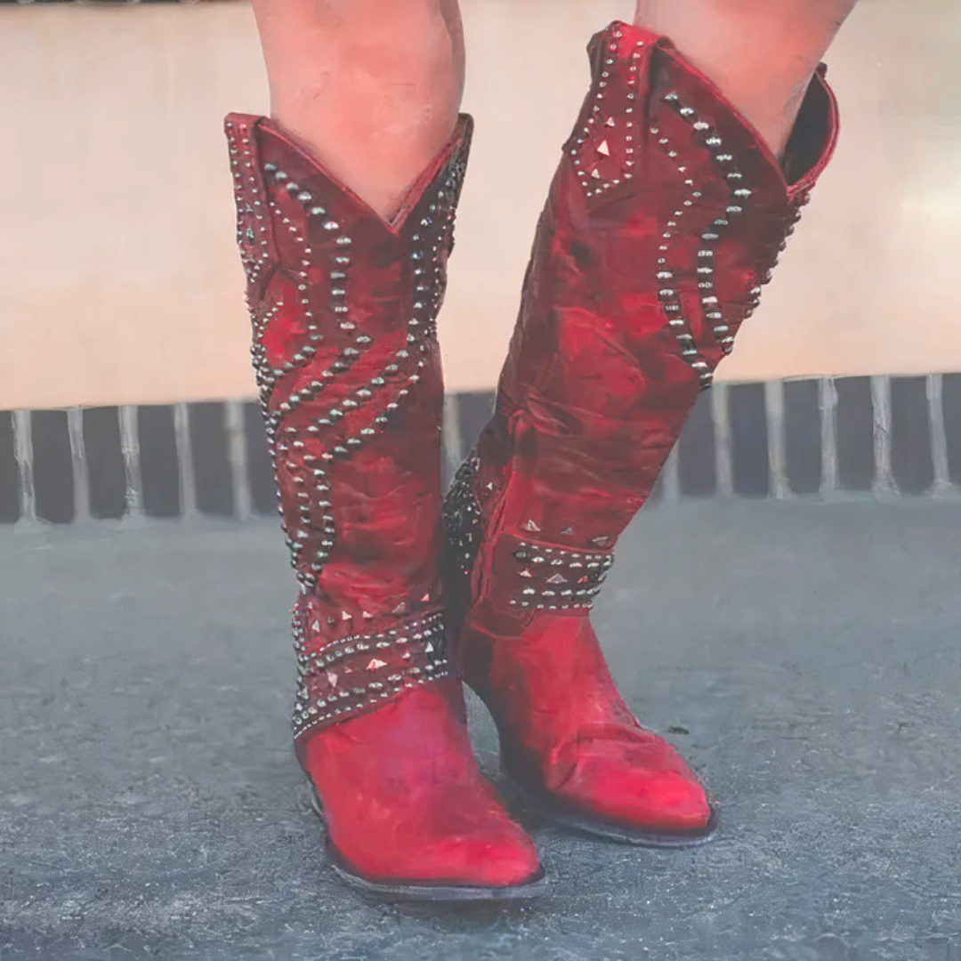 Riloh Womens Knee-High Boots with Pointed Toe in Red