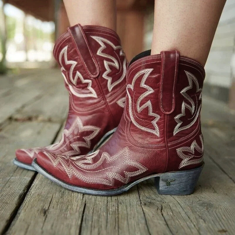 Jamie Womens Embroidered Cowgirl Ankle Boots in Red