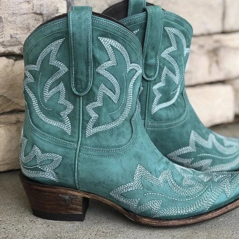 Jamie Womens Embroidered Cowgirl Ankle Boots in Green
