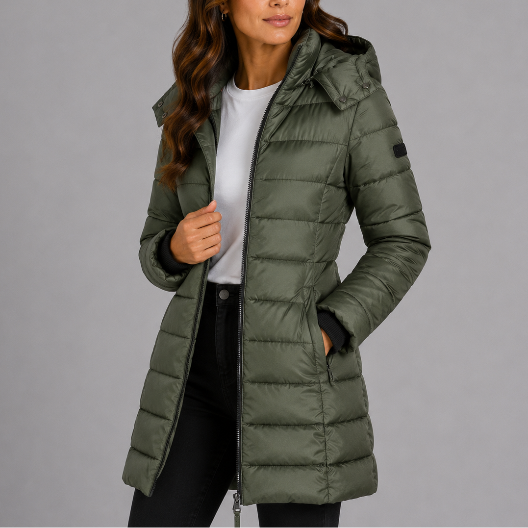 Margaret Womens Longline Puffer Coat with Hood in Green
