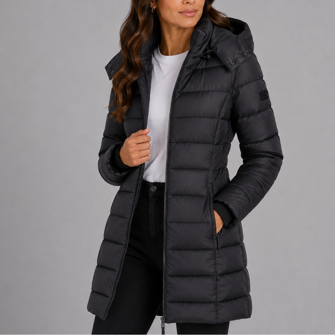 Margaret Womens Longline Puffer Coat with Hood in Black