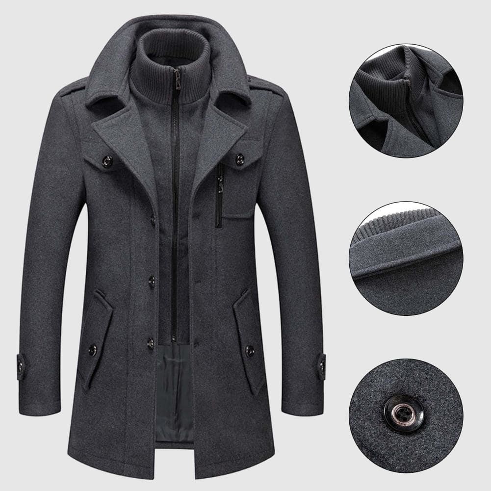 Men's Wool Blend Coat, Stand-Up Collar | Zipper Front, Thoughtful Pocket Layout | Brown, Black or Gray | S–XXL