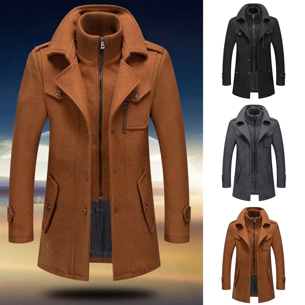 Men's Wool Blend Coat, Stand-Up Collar | Zipper Front, Thoughtful Pocket Layout | Brown, Black or Gray | S–XXL