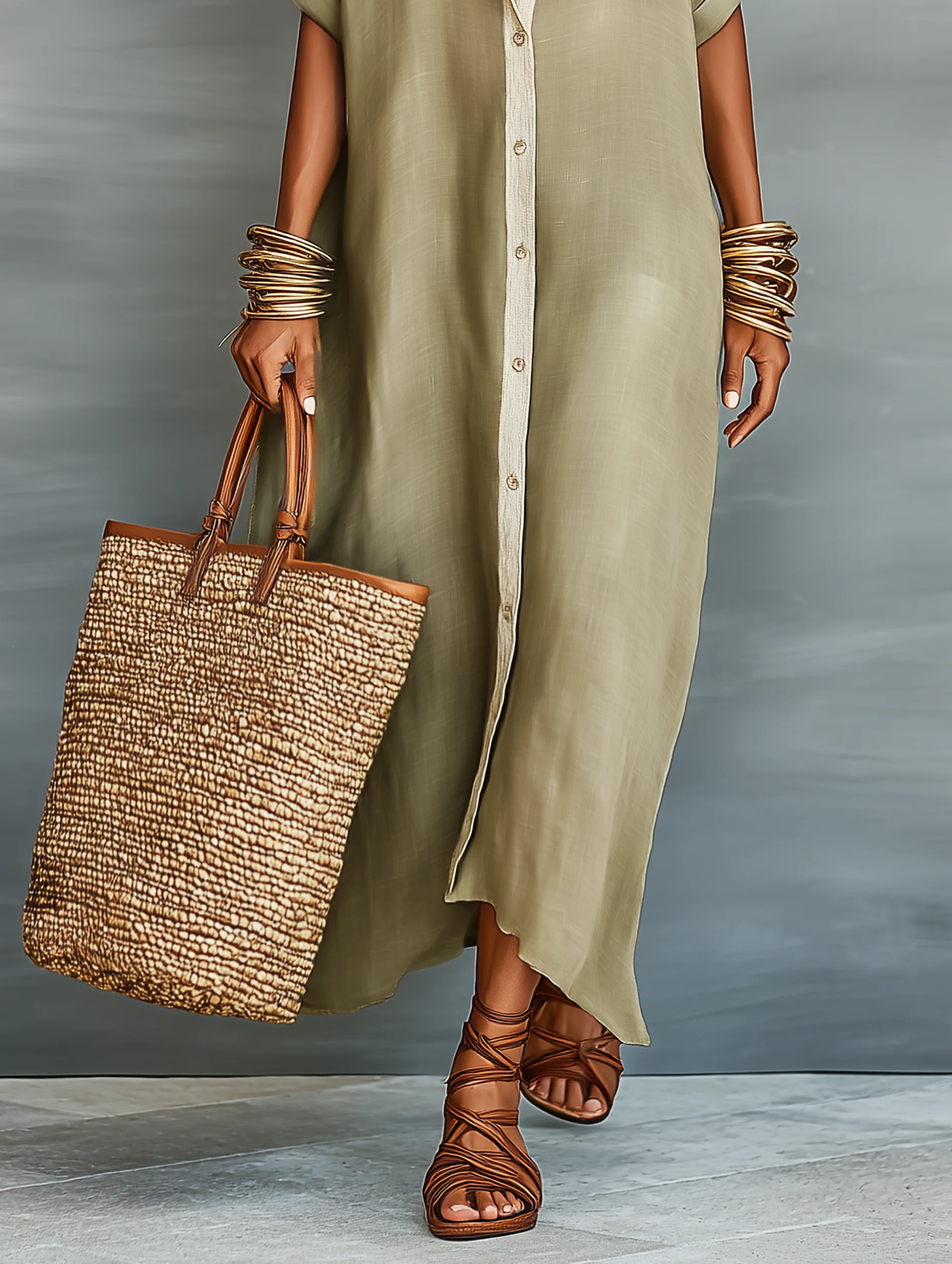 Yesha™ | Olive Green Maxi Dress with Minimalist Line