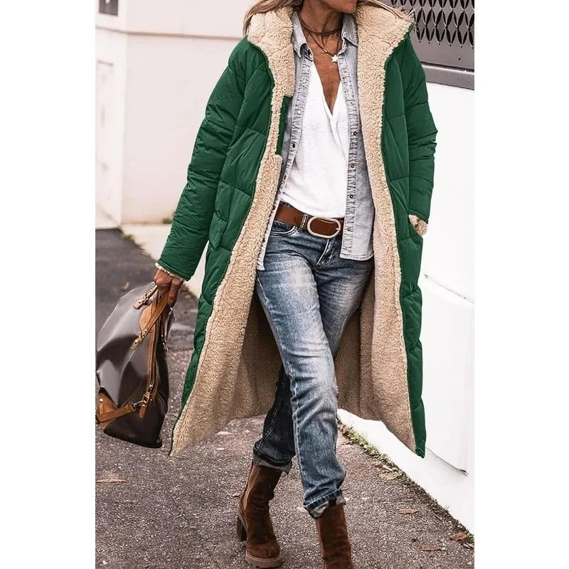 Angela Womens Longline Puffer Coat with Sherpa Lining in Green