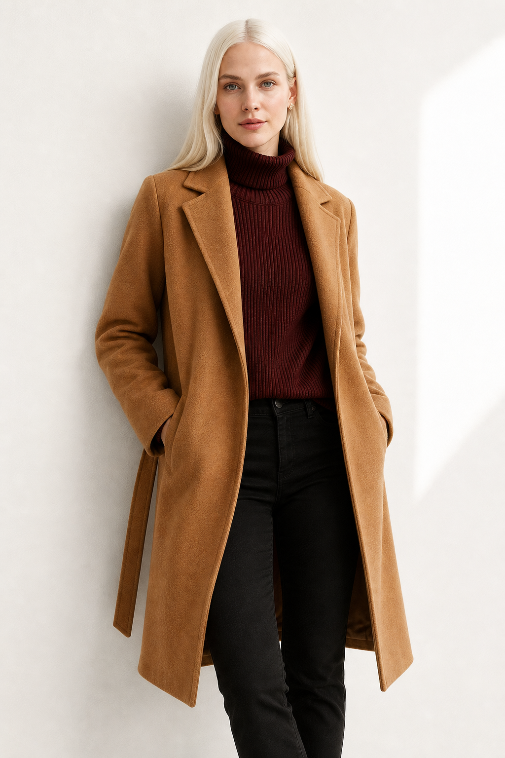 Claire Womens Belted Wool Coat in Midi Length