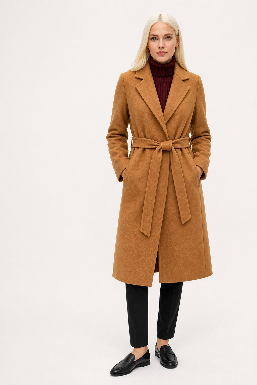 Claire Womens Belted Wool Coat in Midi Length
