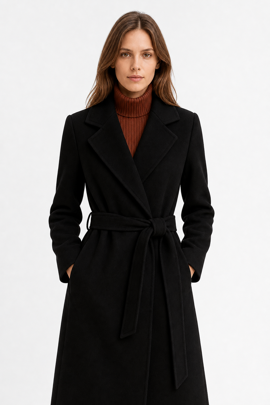 Claire Womens Belted Wool Coat in Midi Length
