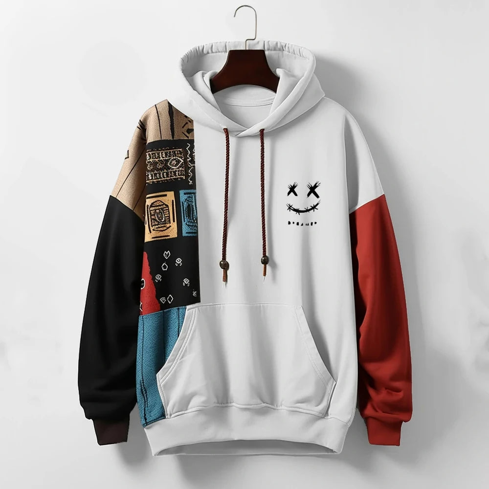 Chad Mens Contrast Pattern Hoodie, Relaxed Fit in White